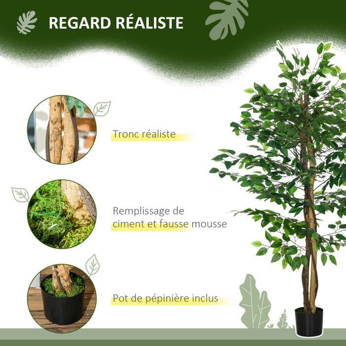Conjunto de 2 plantas artificiales - ficus, 1,50 m de altura - tronco, ramas, enredaderas, líquenes y hojas realistas, maceta incluida, verde