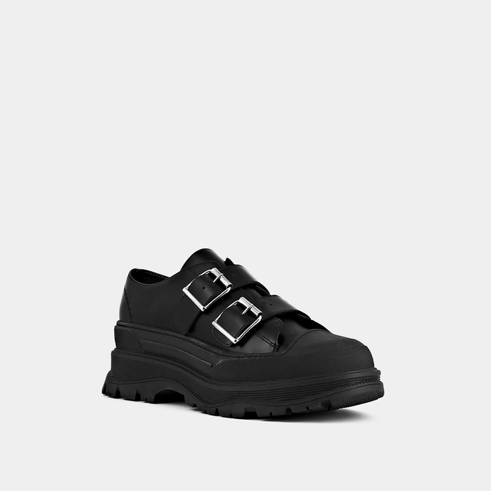Derbies à boucles et semelles épaisses  en cuir glacé noir