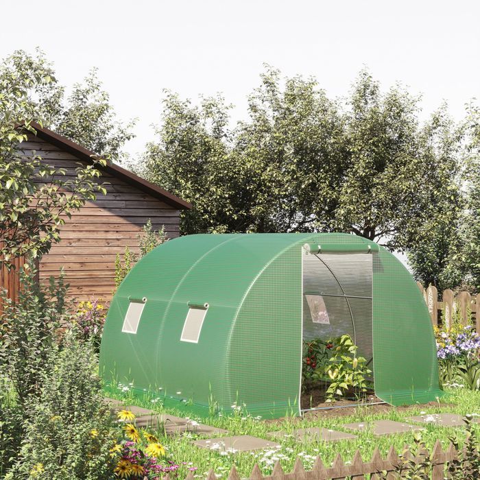 Estufa Túnel Outsunny - 9 m² - 4 Janelas, Porta de Enrolar com Zíper - Estrutura em Aço Galvanizado, Cobertura em PE - 3 x 3 x 2 m, Verde