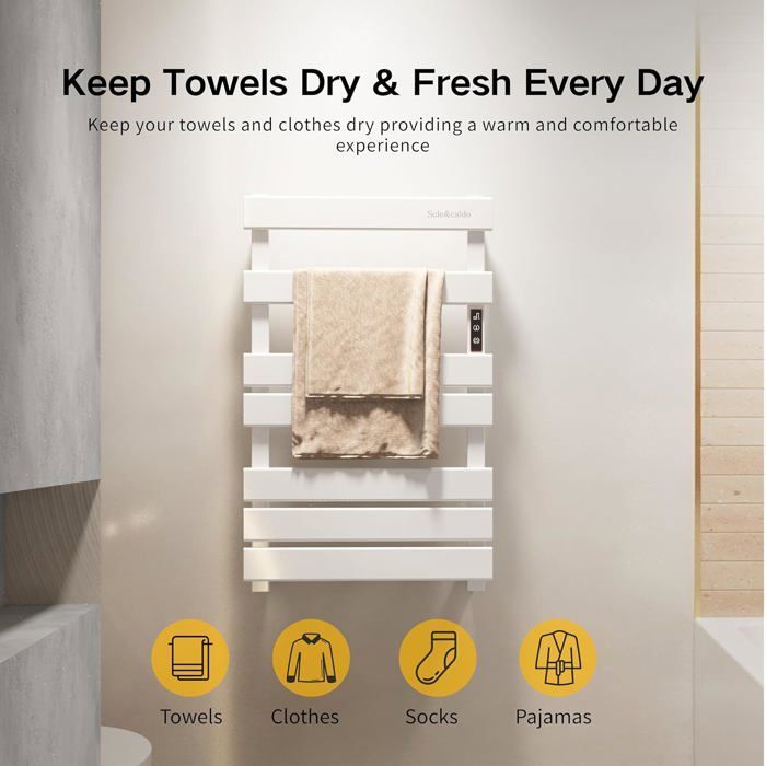 Wall-mounted electric towel warmer with LED timer - Constant temperature heating rail - White - Mains powered