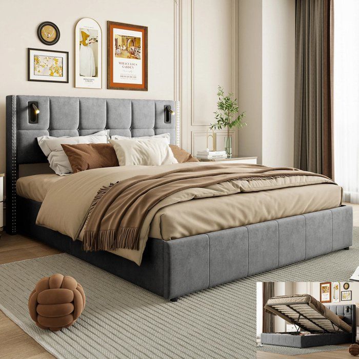 Cama de almacenamiento de 160 x 200 cm con somier de láminas, cama doble con luces de lectura, cama de 160 x 200 cm con somier de láminas, cama tapizada en terciopelo gris.