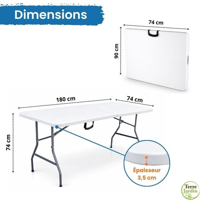 Tavolo pieghevole per 8 persone, 180 x 74 x 74 cm, tavolo rettangolare da esterno in polietilene, portata massima 175 kg, maniglia - Bianco - TERRE JARDIN