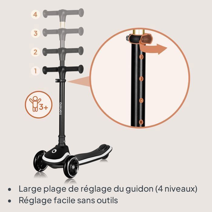 LIONELO Mey Children's Scooter - 3 Light-Up Wheels - Foldable - Adjustable Height - Black