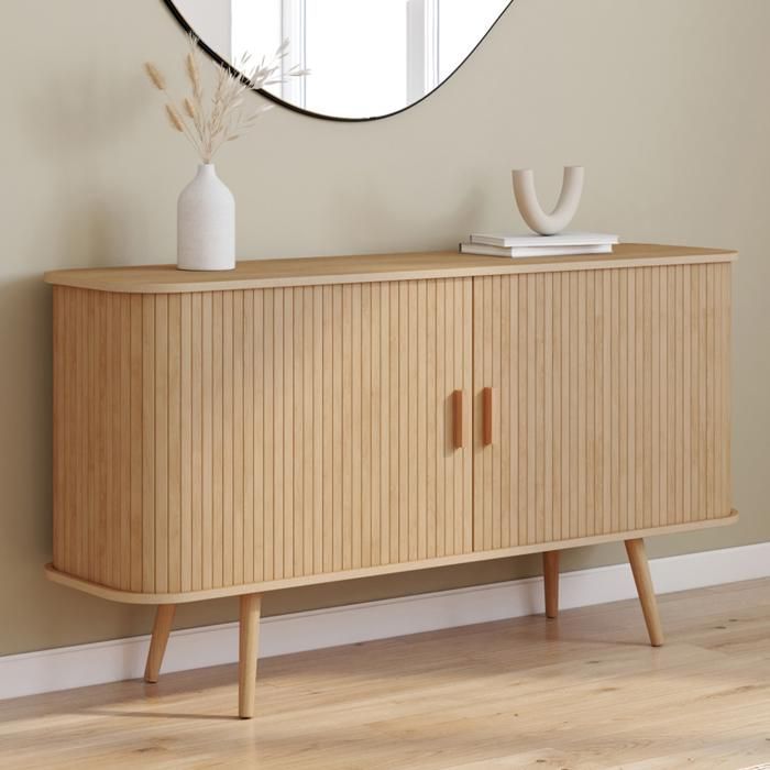 Aparador IDMARKET ROMIE de 140 cm con 2 puertas correderas, listones de madera y acabado en roble.