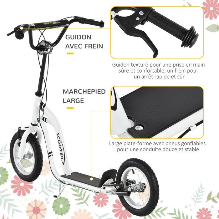 Patinete infantil - HOMCOM - Neumáticos de goma de 12 pulgadas, capacidad de carga de 100 kg, todoterreno, frenos dobles ajustables - blanco