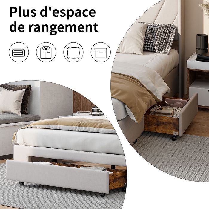 Cama doble de 160 x 200 cm, cama individual de 160 x 200 cm con 3 cajones, cama tapizada, con cabecero, estructura de cama, ropa de cama, color beige.