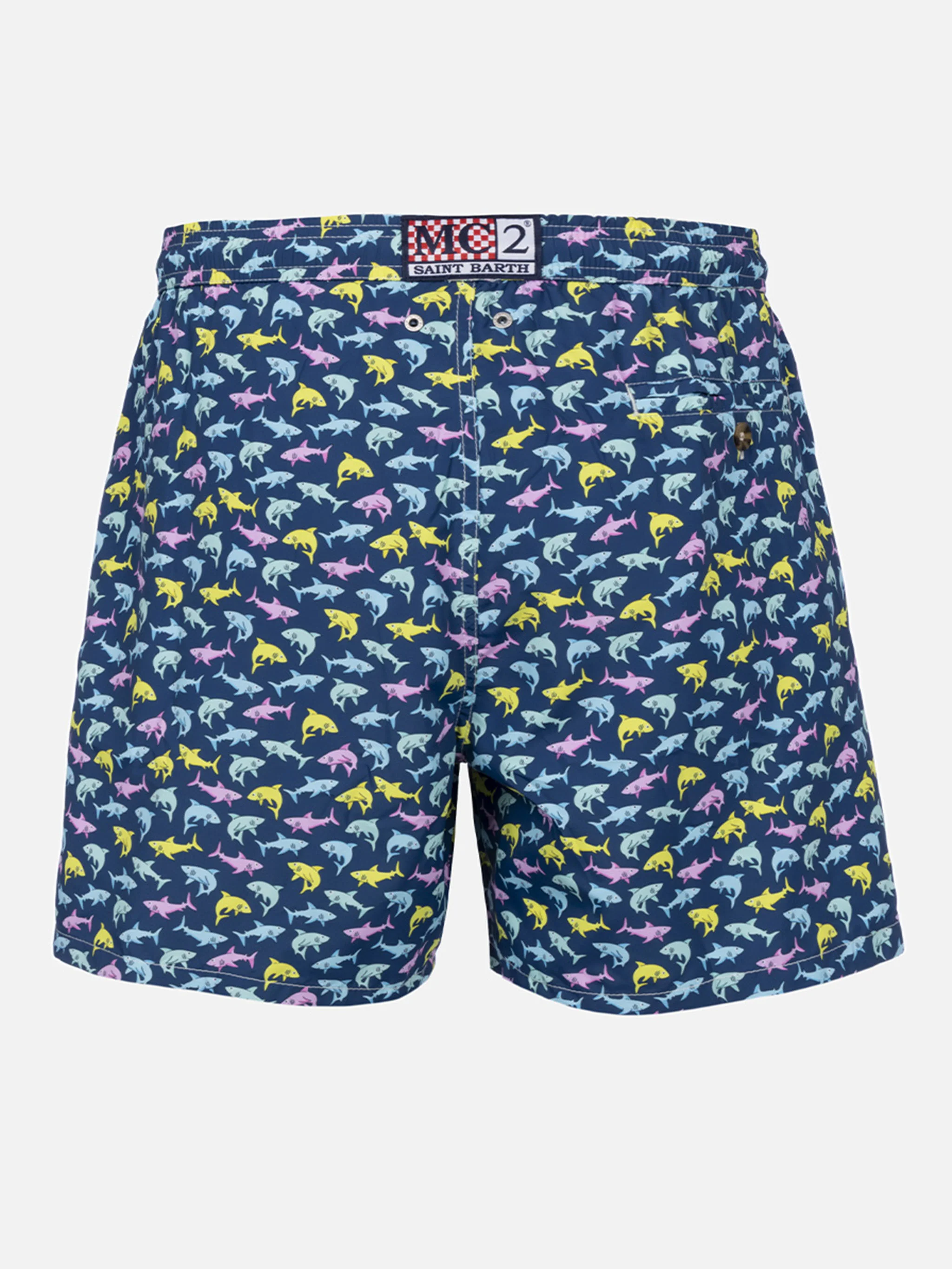 Man Lighting Mid-Length Swim Shorts | Multicolor Shark All-Over Print, Quick Drying, Comfortable Elastic Waistband | MC2 Saint Barth