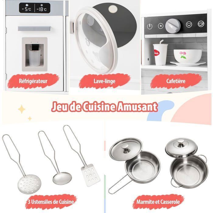 COSTWAY Kinderkeuken voor kinderen vanaf 3 jaar, 7 accessoires, waterdispenser, magnetron, oven, wasmachine, geluiden en lichtjes