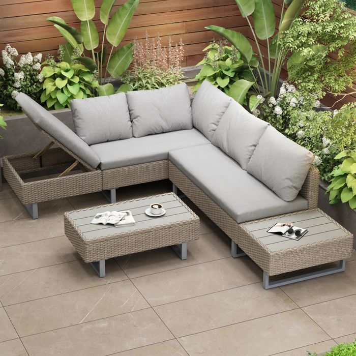 Modular PE rattan garden furniture set - suitable for 4 to 5 people - plastic plank coffee table - Khaki