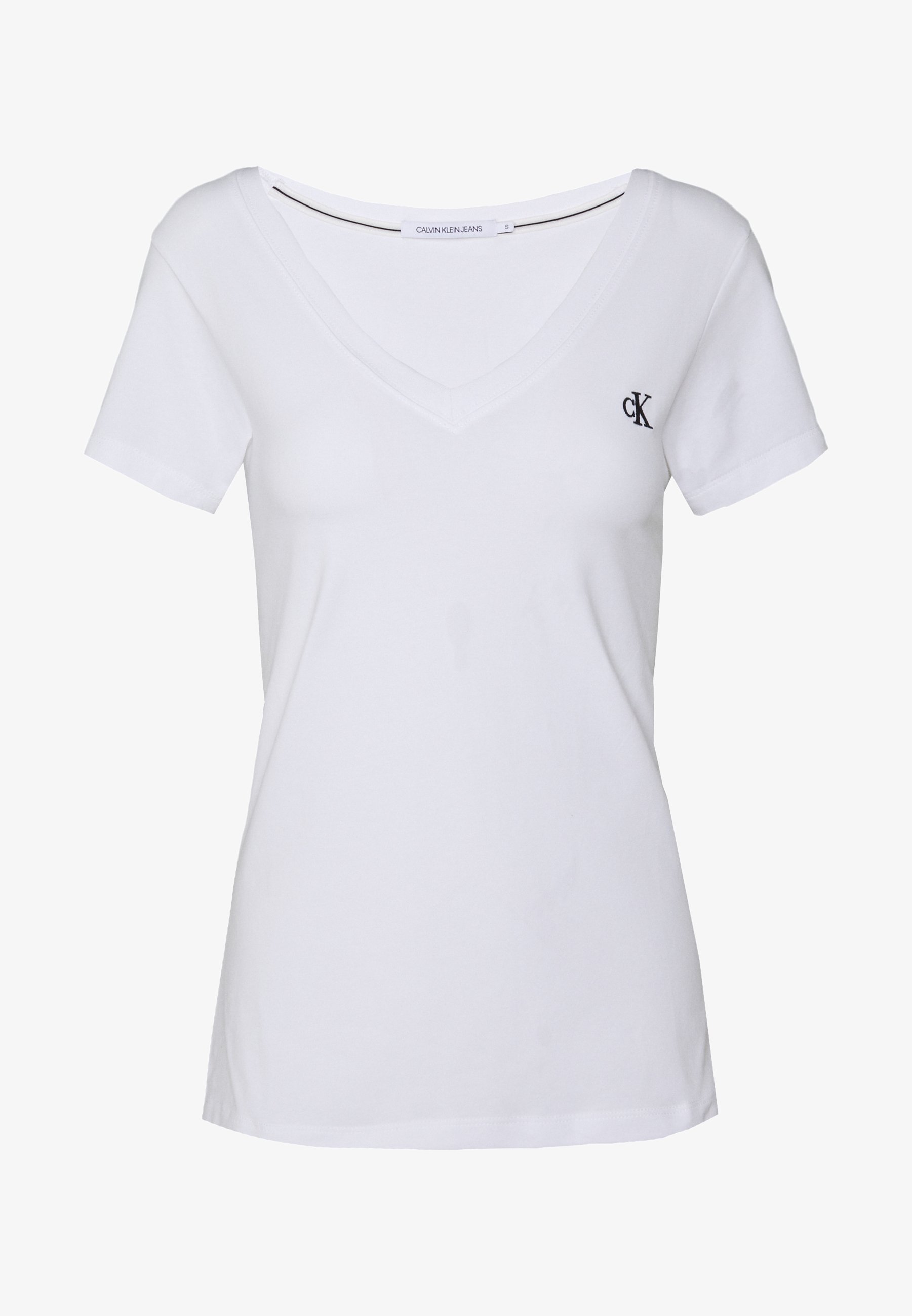 Calvin Klein Jeans T-Shirt mit V-Ausschnitt und Stickerei – Basic-Shirt – strahlend weiß