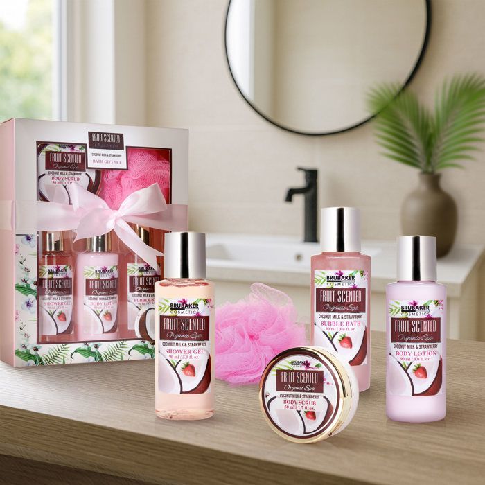 BRUBAKER Cosmetics - Conjunto para Banho e Chuveiro - Coco/Morango - 5 Peças - Ideia para Presente