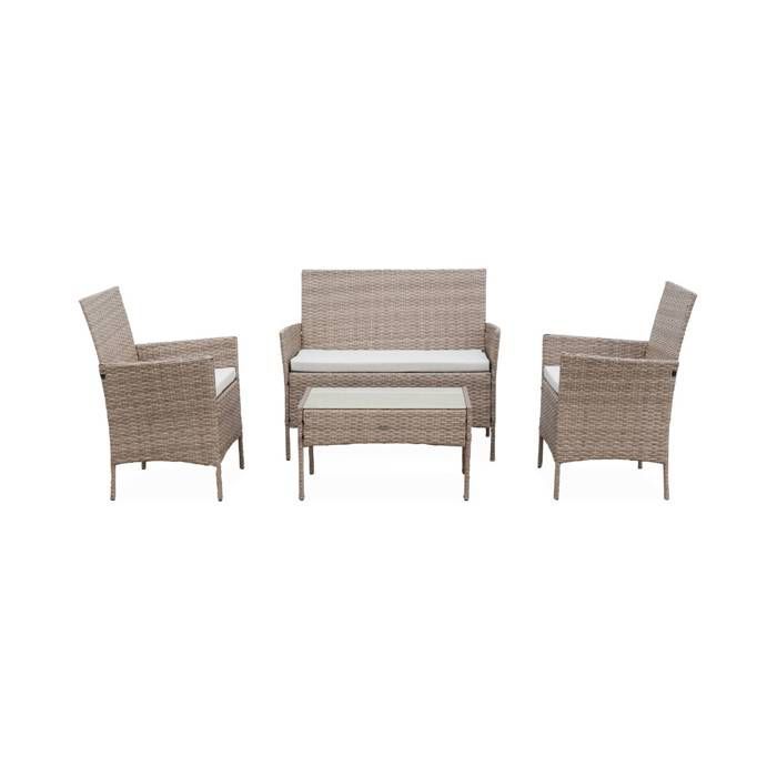 Salon de jardin en résine tressée - Moltès - Naturel. Coussins beiges - 4 places - 1 canapé. 2 fauteuils. une table basse