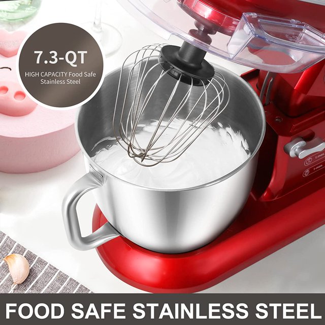COKLAI köksmaskin, 10 hastigheter med tiltbart huvud, 660 W matberedare, 7,3-liters elektrisk mixer med bunke i rostfritt stål, köksmaskin med degkrok, platt visp, visp och stänkskydd