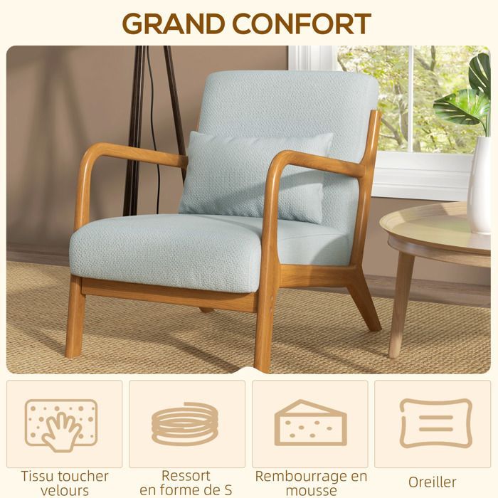 Sillón HOMCOM con estructura de madera maciza, asiento profundo, reposabrazos y tapizado en lino sintético gris claro.