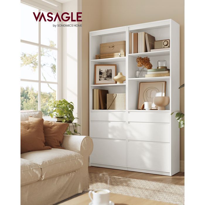 VASAGLE Kailyn Collectie - Boekenkast, hoge kast, dressoir, 3 lades, verstelbare planken, hoogte 180 cm, ruimtebesparend, wit