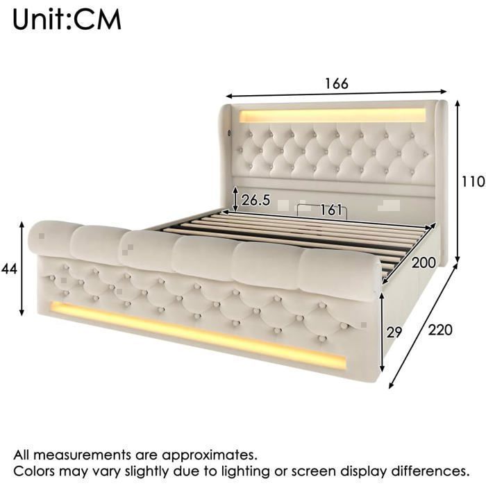Cama doble tapizada Lemonbest con iluminación LED, 160 x 200 cm, cama con almacenamiento, sistema hidráulico y puertos USB y tipo C, terciopelo + beige.