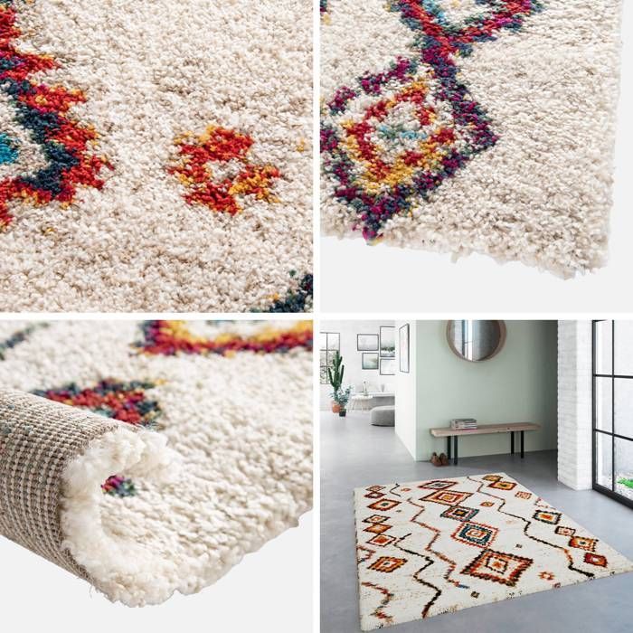 Alfombra de interior de pelo largo. Estilo bereber. Pelo largo. Color crema y multicolor. 200 x 290 cm.