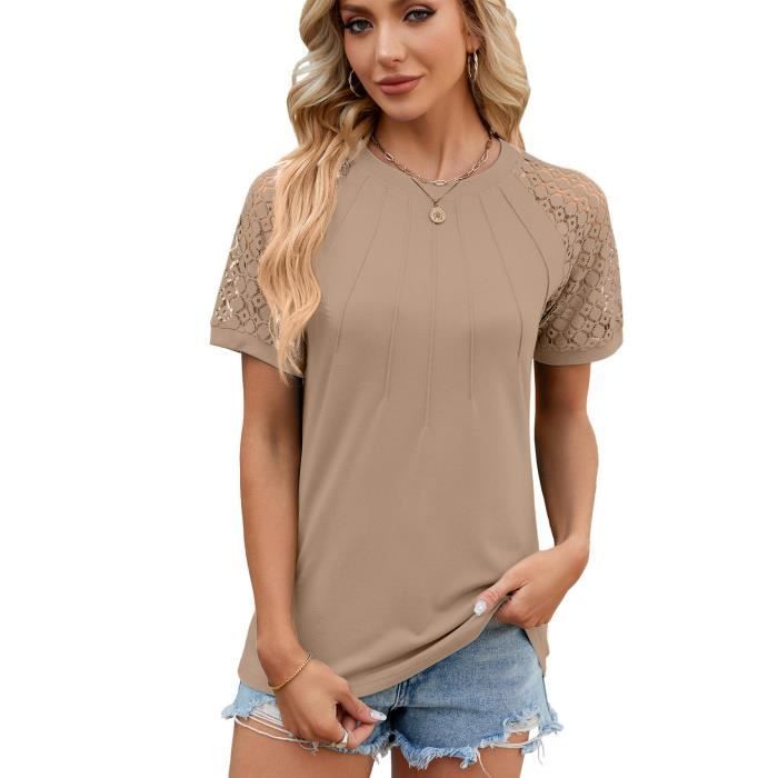 Dames T-shirt met korte mouwen en ronde hals, casual en losvallend model, effen kleur, comfortabel - EU-maat - Khaki