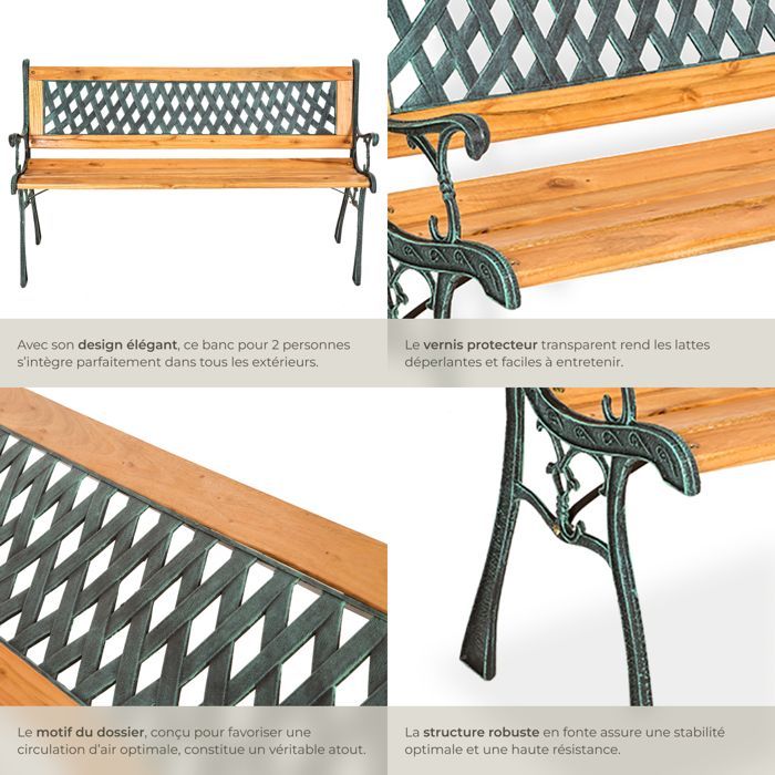 Banc d'extérieur - TECTAKE - Banc de jardin TAMARA 2 places en bois naturel laqué et fonte 128 x 51 x 73 cm - Marron
