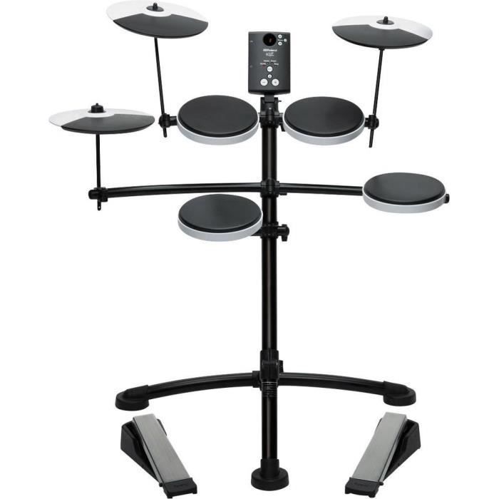 Batteria elettronica Roland TD-1K nera/argento con piatti, bacchette e pedale.