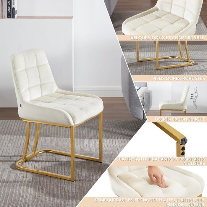 WOLTU Chaise Salle à Manger, Lot de 4, Chaise Salon en Velours Rembourrée, Structure Métallique en Forme d'arc, Crème W0ATT0531-4