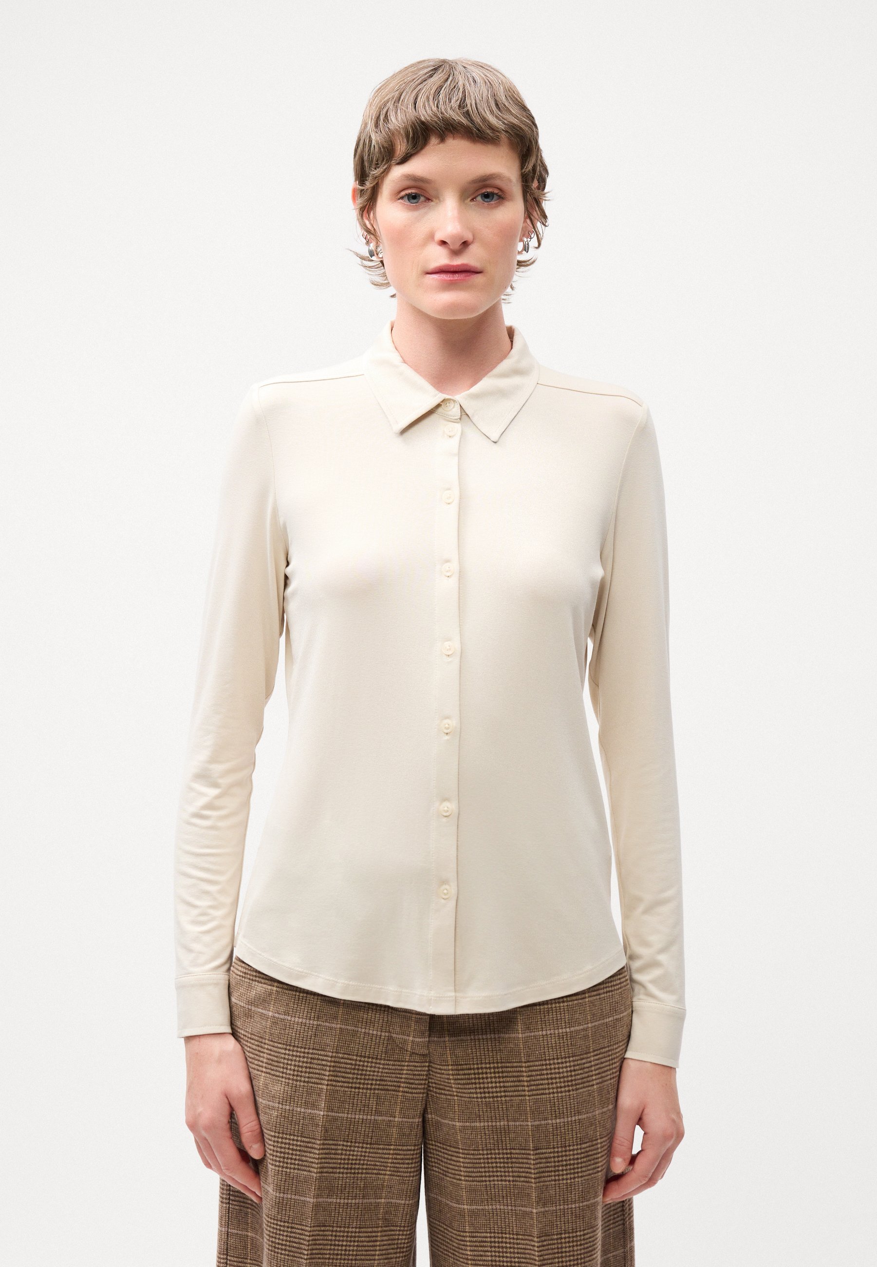 Marc O'Polo blouse met lange mouwen, kraag en knoopsluiting - Blouse met knoopsluiting - natuursteen