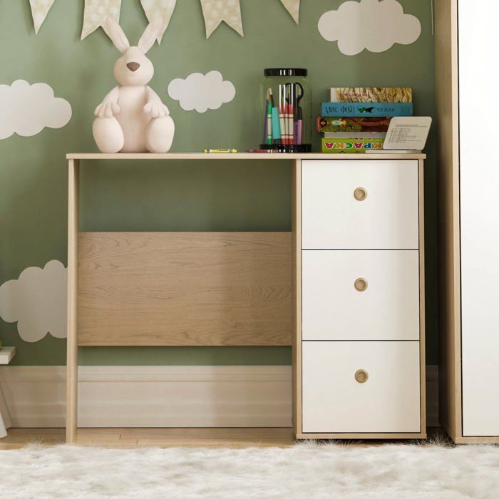 Neptune 3-Drawer Desk, White & Oak, Computer Table / Dressing Table for PC/Laptop, Home Study Desk, Children's Furniture