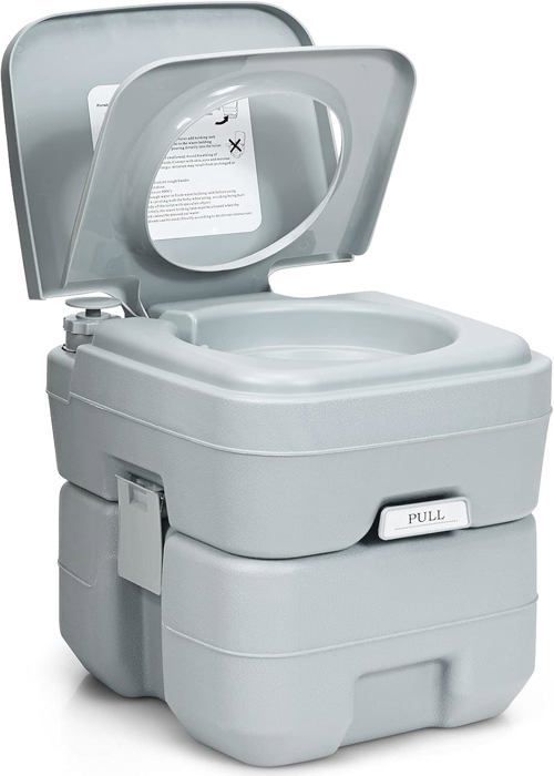 Vaso sanitário portátil para camping GYMAX 20L, com tanque removível, leve e portátil, com alça ergonômica (cinza)