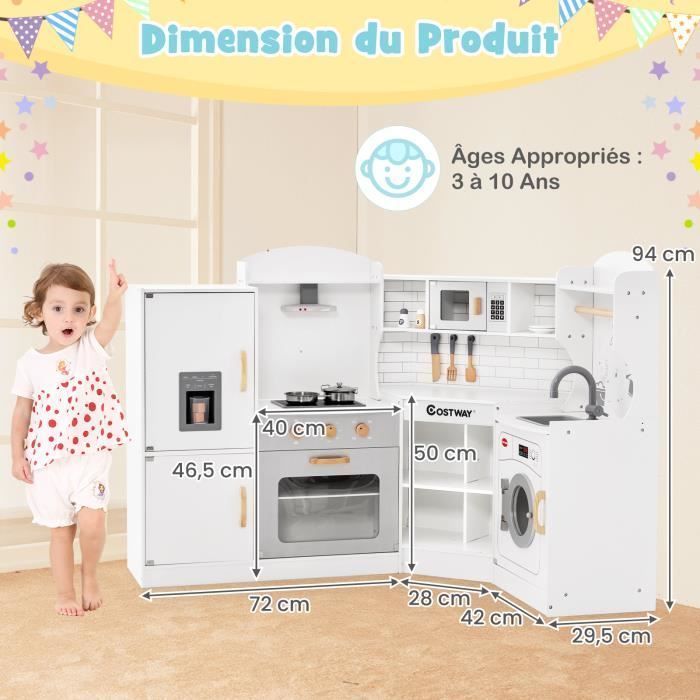 COSTWAY Grande Cuisine pour 4 Enfants 3 à 10 ans, Lumière & Effet Sonore - 15 Accessoires, Blanc & G