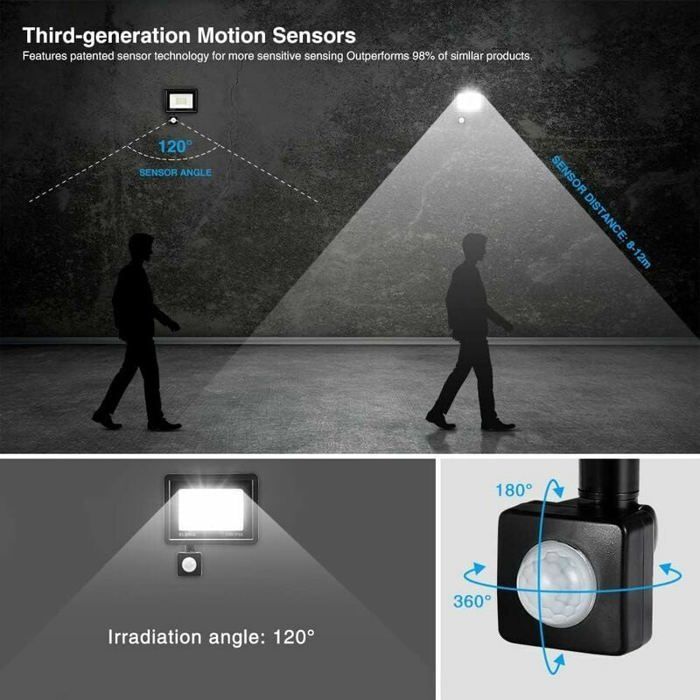 Foco LED exterior de 30 W con sensor de movimiento, luminaria exterior impermeable IP66 con sensor de movimiento, luz blanca fría.