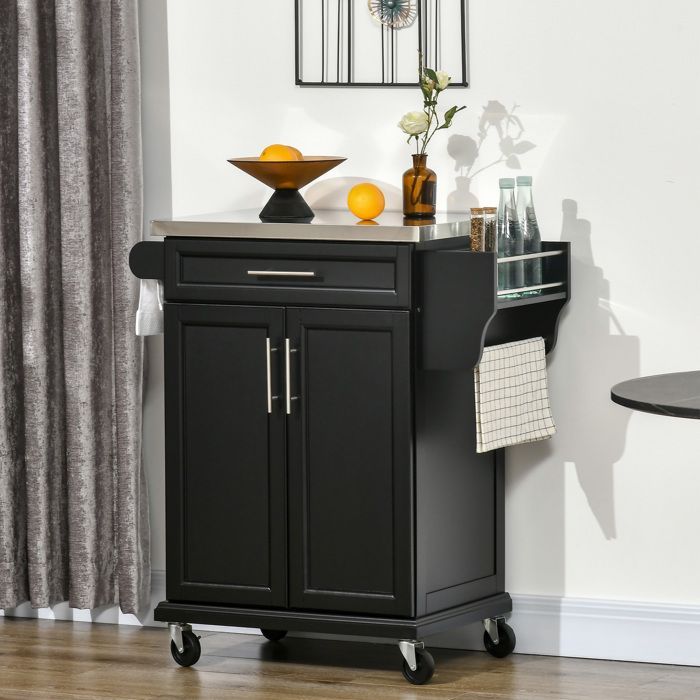 Carrito de cocina - HOMCOM - con ruedas, isla central, encimera de acero inoxidable, estante ajustable, cajón - metal - 83,5 x 45,7 x 90,5 cm - negro