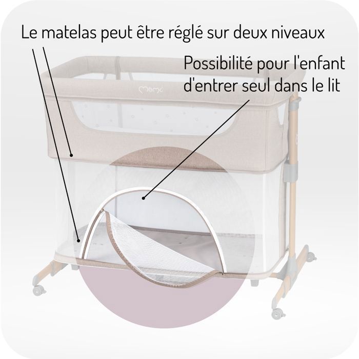 MoMi SMART BED – Lettino co-sleeping 4 in 1 per neonati – Regolabile in altezza e inclinazione – Dotato di zanzariera, materasso e accesso laterale – Beige