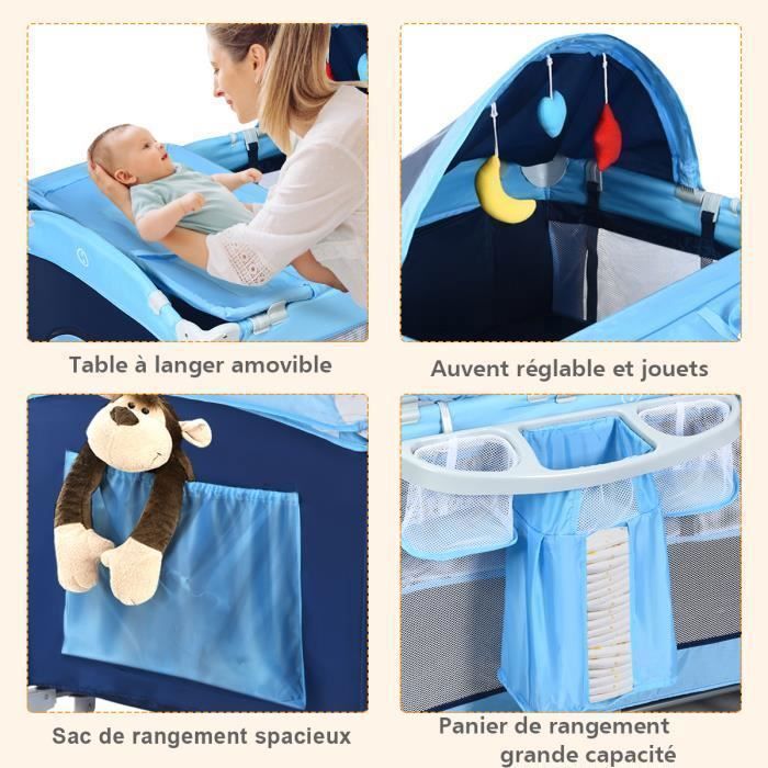 COSTWAY 4-in-1 Baby Bed: Crib, Changing Table, Playpen - Rocking Function - Music Box with Lights - Easy Folding - Blue