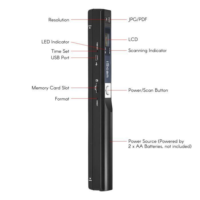 Scanner portatile wireless HD per documenti e immagini, formato A4, 900 DPI, formato JPG/PDF, display LCD, colore nero (CD incluso).