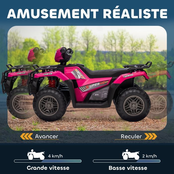 Quad eléctrico infantil - HOMCOM - 12V - doble motor, velocidad 2-4 km/h, faros y música - PP y acero - 88x45x50cm - rosa