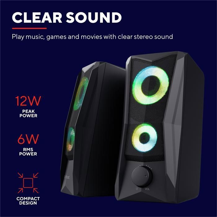 Altavoces PC Gamer 2.0 - TRUST - GXT 606B Javv - 12W - Iluminación LED RGB - Conexión USB Plug & Play
