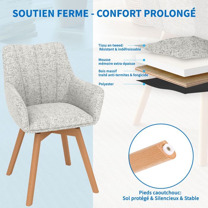 WAFTING Lot de 4 Chaises de Salle à Manger Pivotantes 360°, Accoudoirs et Pieds Bois, Dossier Haut avec Coussin en Molleton.Beige.