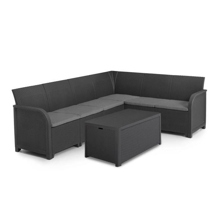 Salon de jardin en imitation résine tressée ALLIBERT avec table basse range-coussins - 6 personnes - SanRemo - Gris graphite