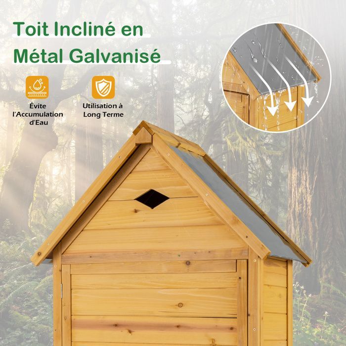 COSTWAY Fir Wood Garden Storage Cabinet - Lockable Door, 4 Removable Shelves, Floor - Sloping Roof - Ventilation