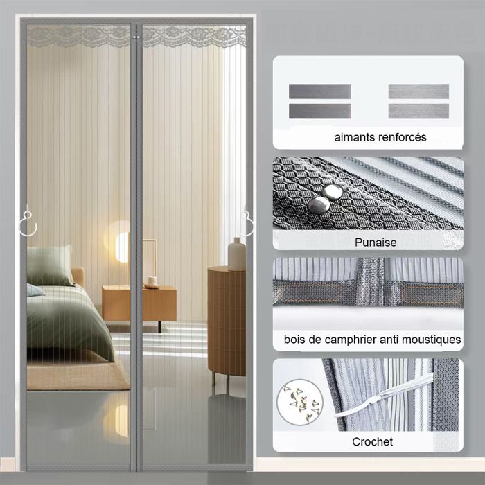 Mosquitera magnética para puertas y ventanas, 120 x 220 cm, reforzada, para balcones, sótanos y puertas de dormitorios, color gris, 52 imanes.