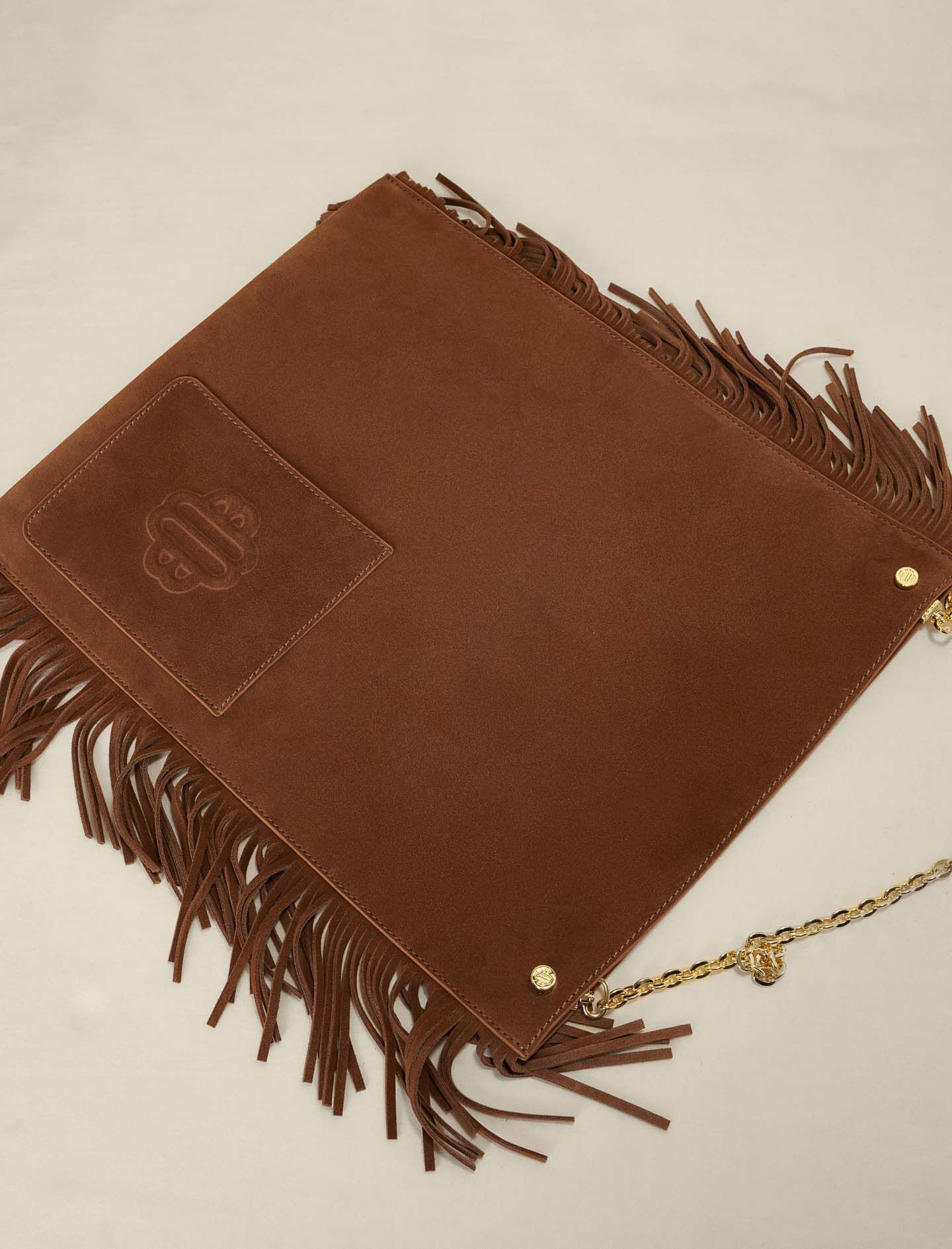 Kameelkleurige suède shopper tas met franjes