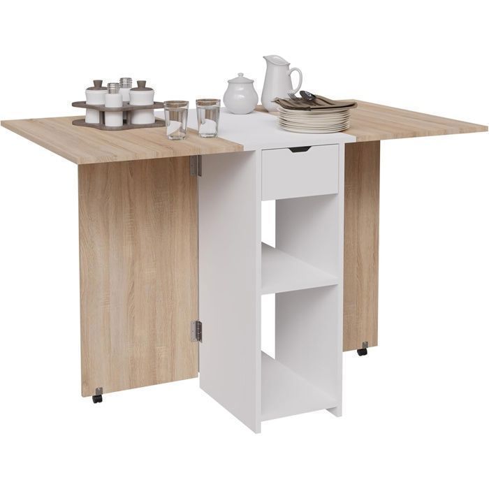 CASABEL – Mesa de comedor plegable, centro blanco y tablero de madera clara, para 2-4 personas – Ahorra espacio en la cocina y el comedor.