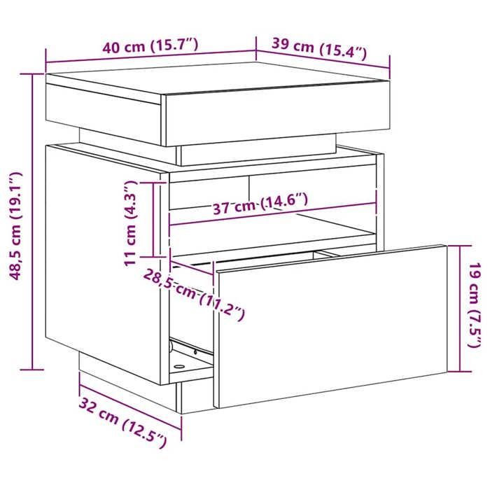 Mesa de cabeceira vidaXL com luzes LED, mesa de cabeceira com espaço de armazenamento, mesa de cabeceira para quarto, moderna, madeira cinza concreto 836790