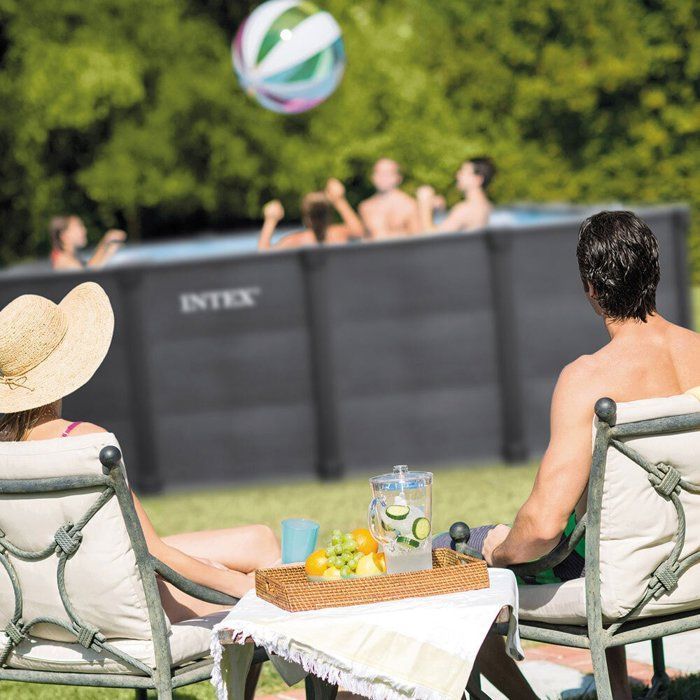 Kit de piscina tubular desmontable Intex - Grafito - 400 x 300 cm - Rectangular (escalera, válvulas, filtro, cubierta) - 26396GN