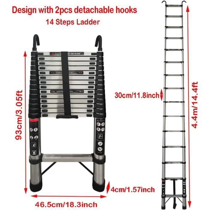Échelle Télescopique 4,4M 14,4FT en Acier inoxydable Argent avec Crochets de Toit Telescopic Ladder Pliable Extensible Échelles