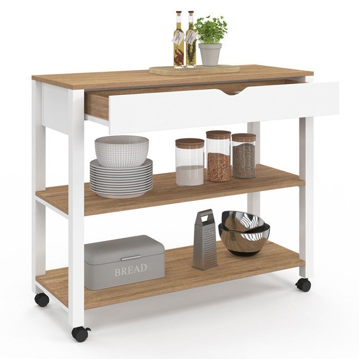 Carrito de cocina IDMARKET PENH XXL con cajón y encimera blanca, estantes efecto haya, 100 cm de largo.