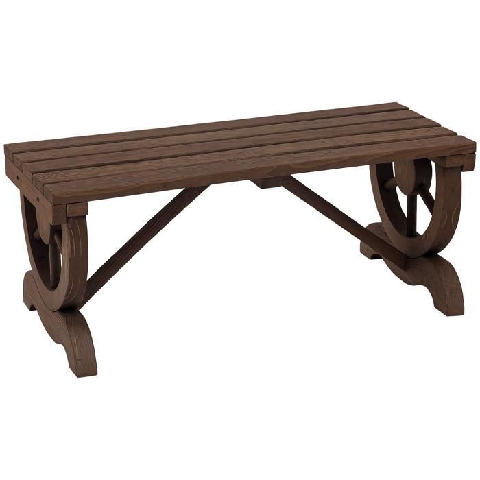 Wooden garden bench - Outsunny - slatted seat, decorative wheel - for patio, terrace, balcony, backyard - brown