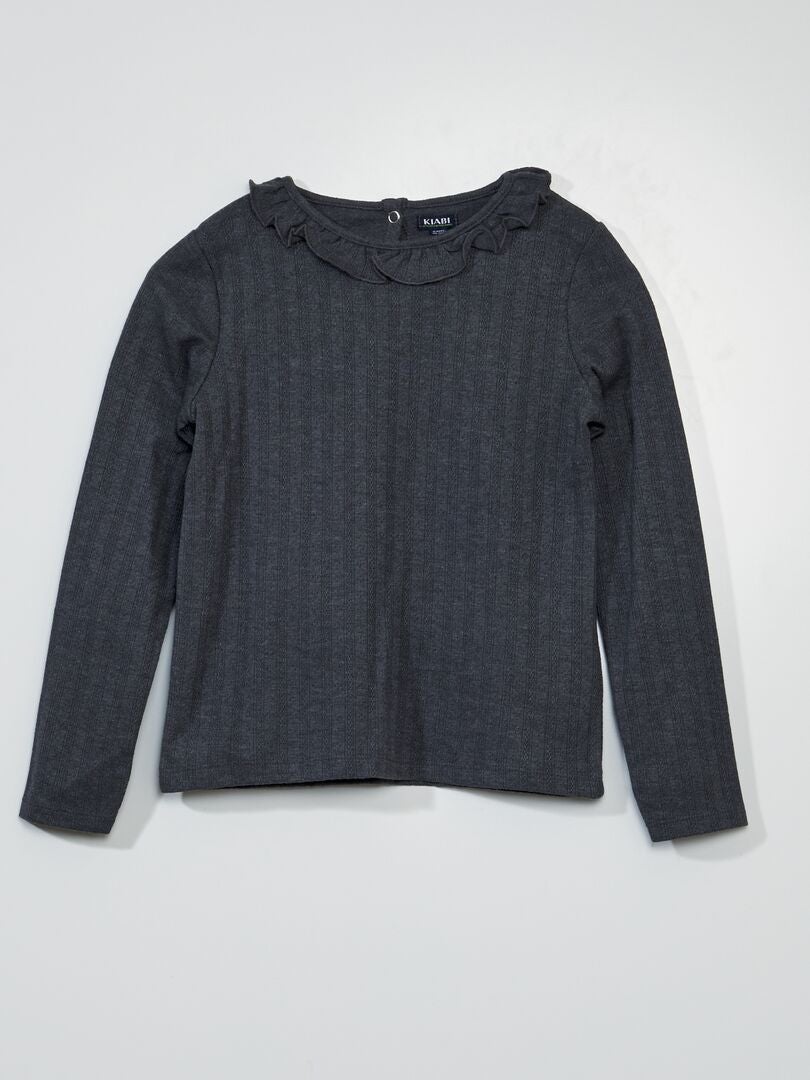 T-shirt met lange mouwen en rucheskraag - GRIJS