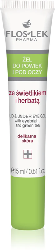 Gel para os olhos FlosLek Pharma Eye Care com eufrásia e chá verde.