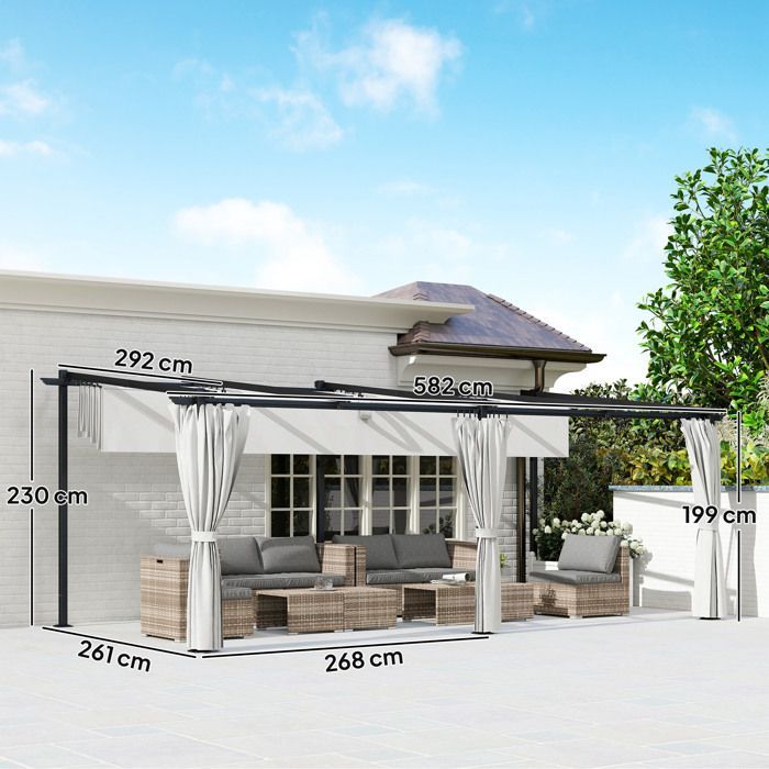 Pérgola de jardín exterior de 3 x 6 m - Outsunny - Techo corredizo retráctil - Paneles laterales - Protección solar UPF30+ - Gris